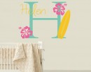 Surfboard Wall Decal with Initial & Name - Personalized Hawaiian Wall Decal